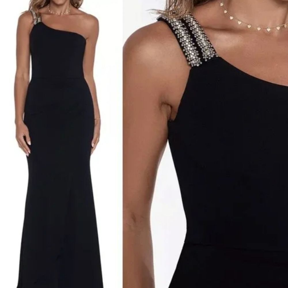 Xscape Women Size14 Black One Shoulder Rhinestone Beaded Evening Formal Gown
